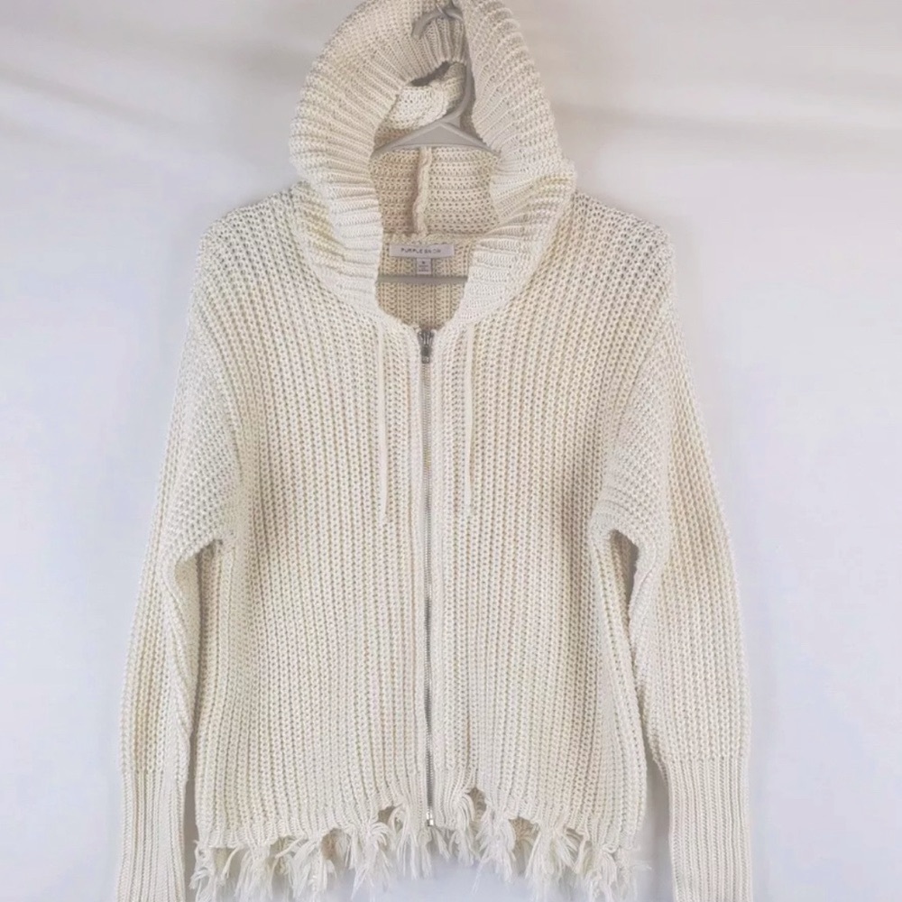 Purple Snow (Anthropologie) M Cream Zippered Front Sweater With Hoodie Fringe